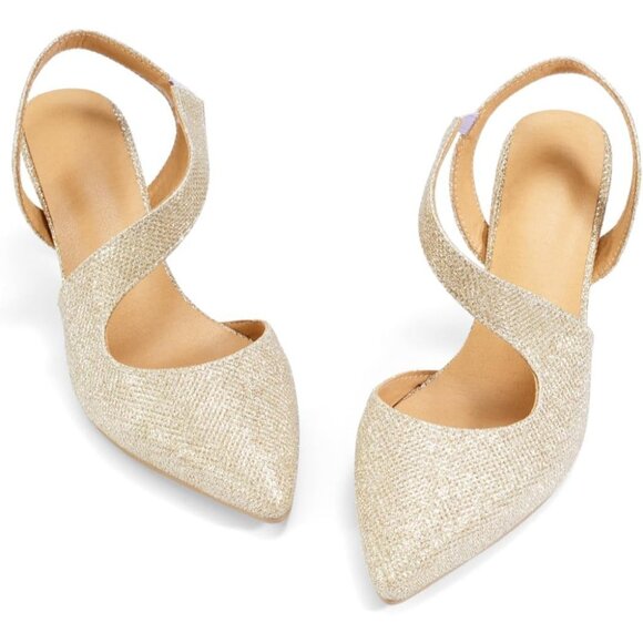 Rhinestone Kitten Gold Low Heel Sparkly Pumps for Women Dressy Wedding Shoes - Picture 5 of 9